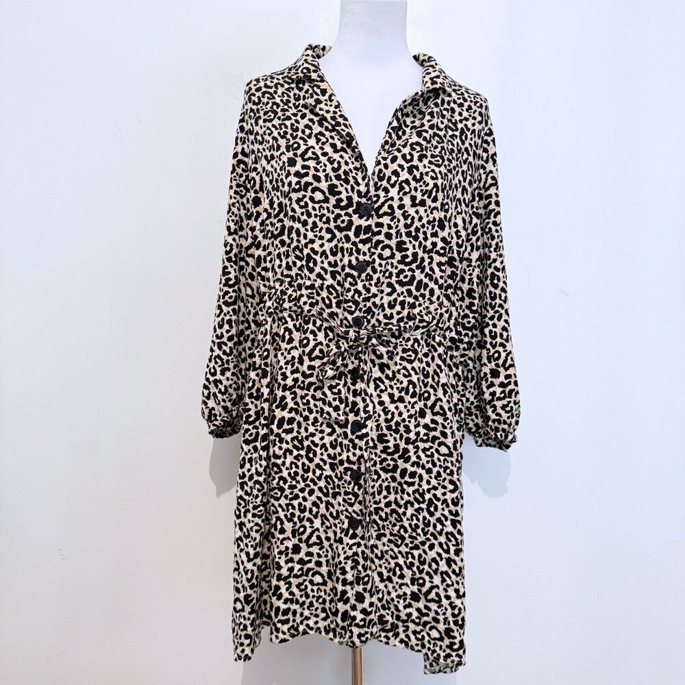 Asos Design Curve Leopard Print Long Sleeve Button Front Mini Dress Women’s 16